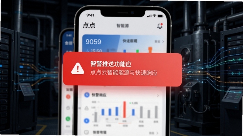 点点云智慧能源App告警推送功能展示,手机界面弹出红色告警通知卡片,背景为深色工业设备与数据流线条,突出智能预警与快速响应的场景氛围