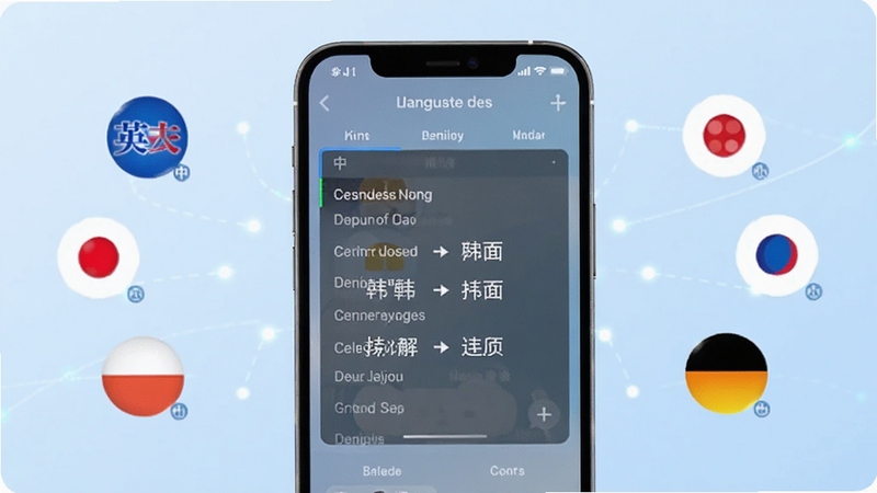 拍照翻译星多语言翻译功能展示,画面为手机屏幕呈现语言选择列表,中、英、日、韩、法、德等多国语言图标环绕排列,屏幕中央为一段外文菜单被识别后转换为中文译文的对照效果,背景为柔和的浅蓝色渐变,整体科技感与实用性兼具