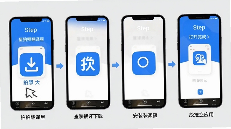 拍照翻译星安装步骤示意图,画面为手机屏幕分步展示下载安装流程,从点击下载按钮到安装完成打开应用的四个步骤图标依次排列,配色为蓝白相间,背景为浅灰色简洁风格,突出软件拍照翻译星的安装引导过程