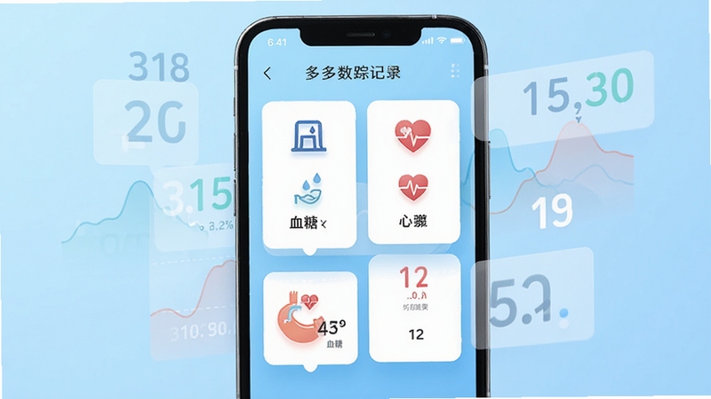 画面展示健康追踪管家应用内的数据录入界面,手机屏幕中央是分类清晰的数据卡片,包含血压、血糖、心率等图标,背景为浅蓝色渐变,周围点缀着半透明的数据曲线和数字元素,整体风格干净明亮,突出多维度记录的特点,画面比例16比9