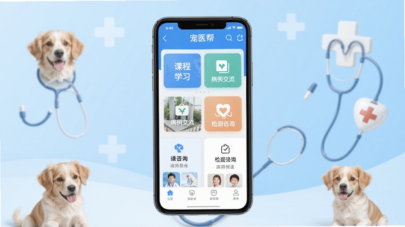 宠医帮软件主界面全貌展示,画面中央为手机屏幕显示宠医帮应用首页,包含课程学习、病例交流、检测咨询等模块入口,背景为浅蓝色渐变与宠物医疗元素点缀,整体风格清新专业,适配Boogu模型生成
