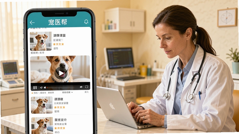 宠医帮在线课程学习界面,手机屏幕中显示兽医课程列表与视频播放页面,画面中有宠物医生专注学习的场景,背景为明亮的诊室环境,色调温暖专业