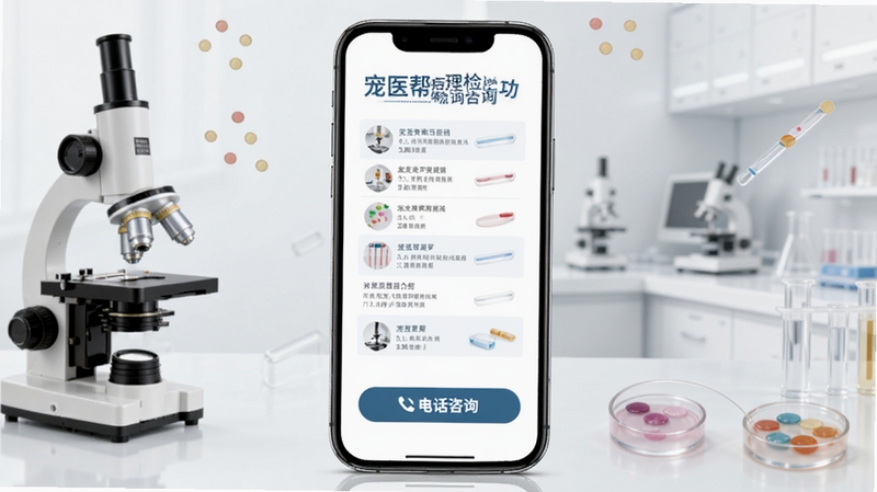 宠医帮病理检测咨询功能页面,手机屏幕显示检测项目介绍与电话咨询按钮,画面中有显微镜与检测样本的元素点缀,背景为浅灰白色实验室风格