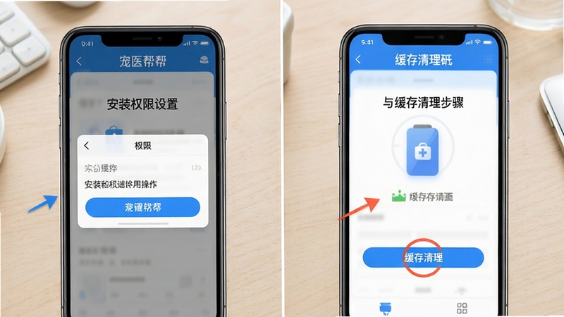 宠医帮移动端使用操作示意图,画面展示手机安装权限设置与缓存清理步骤,界面清晰标注关键按钮位置,背景为简洁的浅色桌面,风格直观易懂