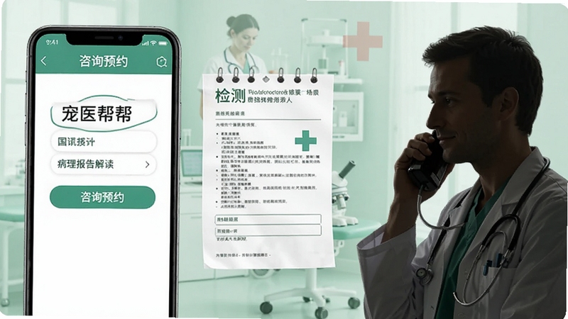 宠医帮电话咨询与病理报告解读场景,手机屏幕显示咨询预约界面与检测报告示意图,画面中有兽医手持电话沟通的剪影,背景为柔和的浅绿色医疗风格