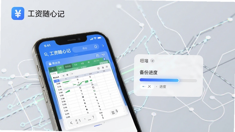 工资随心记数据导出与备份功能展示,手机屏幕显示导出表格预览与备份进度条,背景为浅灰色科技感线条,画面中带有工资随心记文字标识,突出数据安全与便捷管理