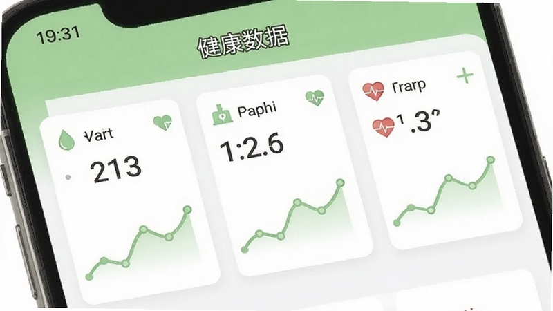 健康树应用内健康数据记录页面,手机屏幕中显示体重、血压、心率三张数据卡片,每张卡片下方配有简洁折线趋势图,界面配色以白色和浅绿色为主,画面清晰展示软件的数据管理功能