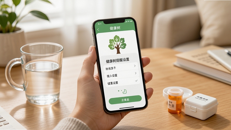 健康树移动端操作场景示意图,一只手握持手机,屏幕显示健康树提醒设置页面,旁边有饮水杯和药盒作为生活化道具,背景为居家桌面环境,光线柔和,突出软件在日常健康管理中的使用场景