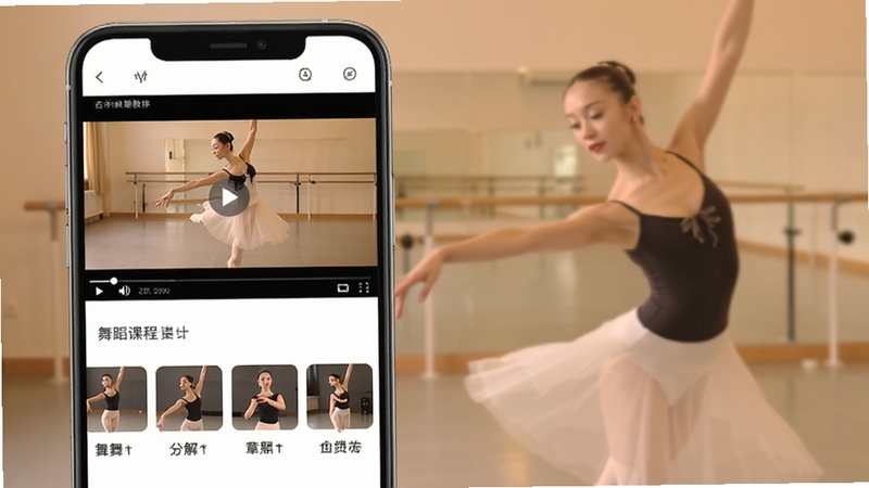 舞采人生舞蹈教学页面预览图,画面为手机屏幕内展示古典舞课程视频播放界面,视频下方排列分解动作章节,屏幕旁有舞者练舞的虚化背景,色调柔和温暖,突出学习氛围