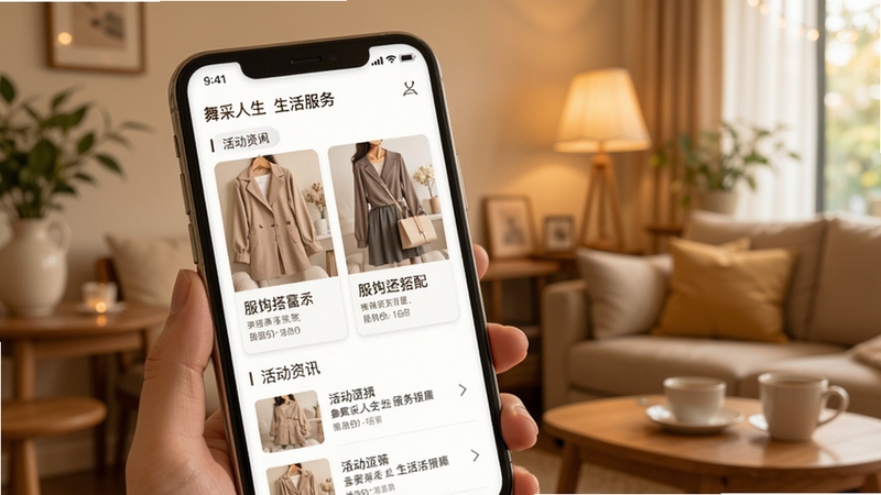 舞采人生生活服务板块预览图,画面为手机屏幕展示服饰搭配图文卡片与活动资讯列表,背景为暖色调生活场景虚化,整体氛围轻松惬意