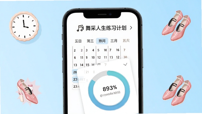 舞采人生练习计划页面预览图,画面为手机屏幕展示日历式练习打卡界面与进度环形图,周围点缀时钟与舞鞋图标,背景为淡蓝色清新渐变,体现规律练习主题