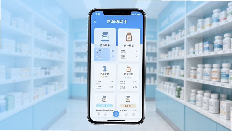 医海通助手应用主界面全貌展示,画面中心为手机屏幕中的药房管理功能卡片布局,背景为浅蓝色渐变与药房货架虚化元素,整体风格清爽专业,适合软件下载站展示图