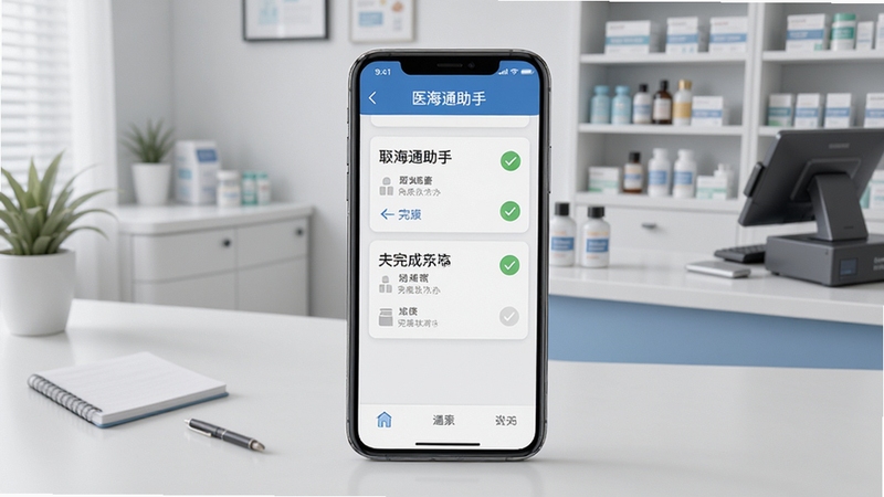 医海通助手订单与待办事项管理界面,画面中心为手机屏幕上的任务卡片与完成状态标记,背景为简约办公桌面与药房收银台元素,整体采用浅灰与蓝色搭配,体现高效有序的工作氛围
