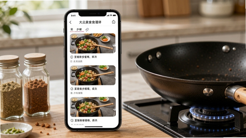 大众美食食谱软件菜谱详情页示意图,画面中手机屏幕显示分步骤烹饪图文,每步配有小图与简短文字说明,旁边有调味料瓶与炒锅作为点缀,整体风格写实自然,突出步骤清晰的特点
