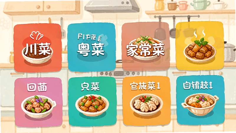 大众美食食谱软件菜系分类页面截图风格插图,画面展示多个彩色分类卡片整齐排列,卡片上标注川菜、粤菜、家常菜等字样,背景为浅色厨房场景,风格简洁明快,适合软件下载站配图使用