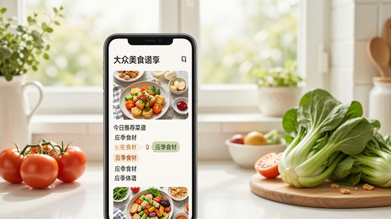 大众美食食谱软件首页推荐板块示意图,手机屏幕中展示今日推荐菜谱卡片与应季食材标签,背景为明亮清新的厨房窗台,摆放着番茄、青菜等新鲜食材,画面色调柔和,体现生活气息