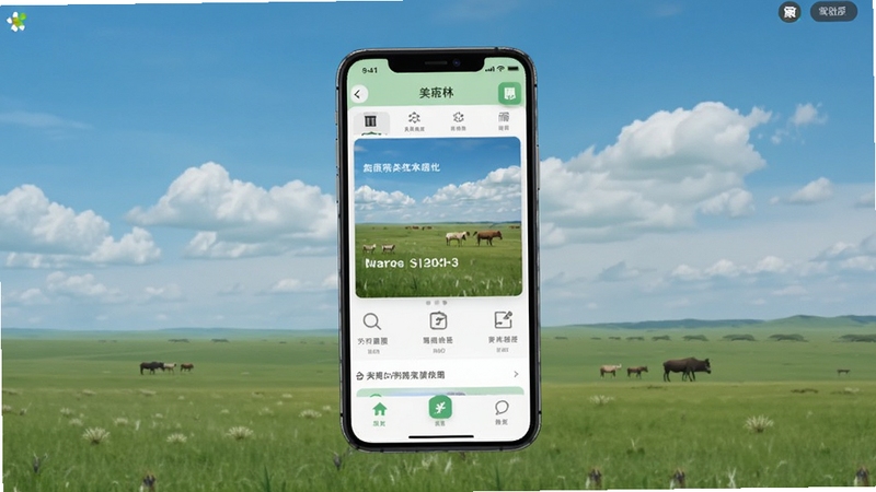 魅力巴林软件主界面全景展示,画面中央为手机屏幕显示草原风光首页,背景为辽阔的绿色草原与蓝天白云,整体色调清新自然,扁平化UI风格,适配Boogu模型生成