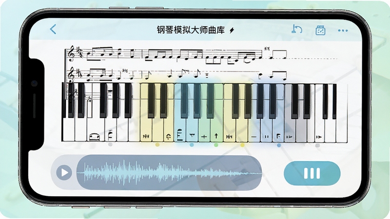 钢琴模拟大师曲库学习与录音回放界面,画面展示手机屏幕上的曲谱列表与高亮键位引导,下方有录音波形图与回放按钮,整体色调清新明亮,体现学习功能的便捷性