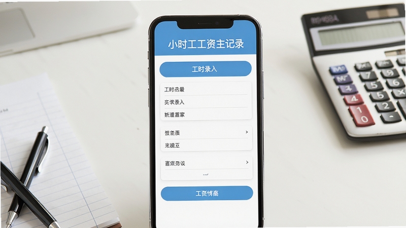 软件名称小时工工资记录主界面展示,手机屏幕中央是工时录入表单,背景为浅色办公桌面,旁边放着纸笔和计算器,画面明亮简洁