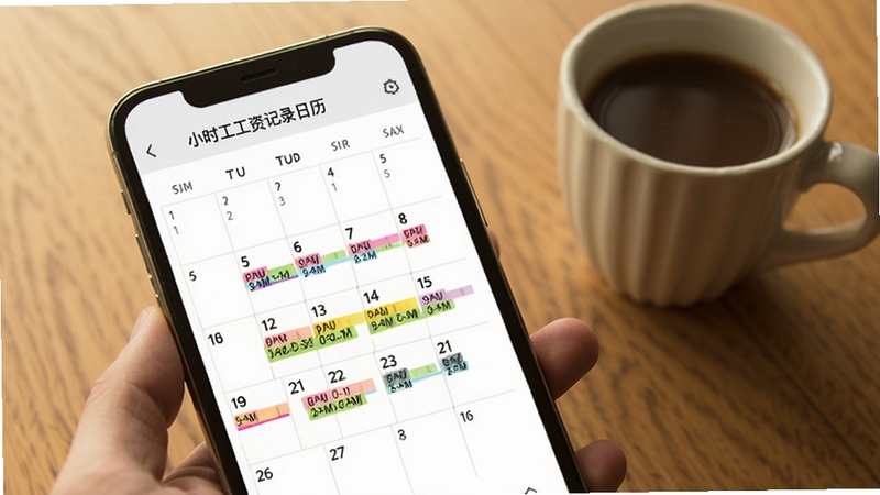 软件名称小时工工资记录日历考勤页面,手机屏幕显示月历视图,部分日期带有彩色工时标记,背景是木质桌面和一杯咖啡,氛围轻松