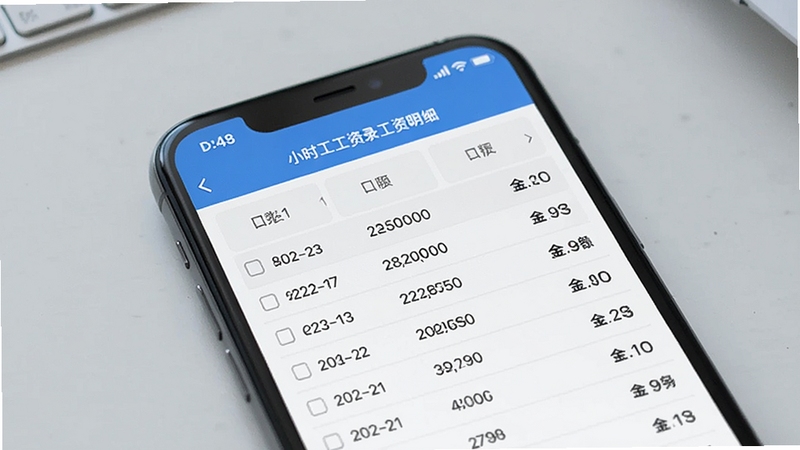 软件名称小时工工资记录工资明细列表页面,手机屏幕显示按日期排列的工时与金额记录,背景为简洁的浅灰色桌面,光线柔和