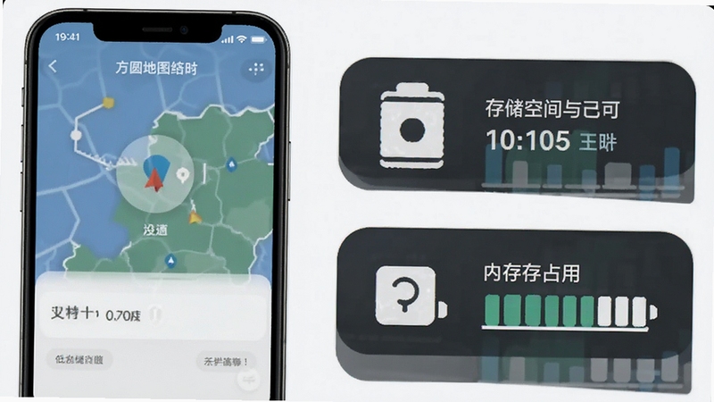 方圆地图轻量运行与低占用特性展示图,画面为手机屏幕显示软件运行状态界面,旁边配以存储空间与内存占用的简洁图标示意,整体风格干净利落,方圆地图软件特性示意图