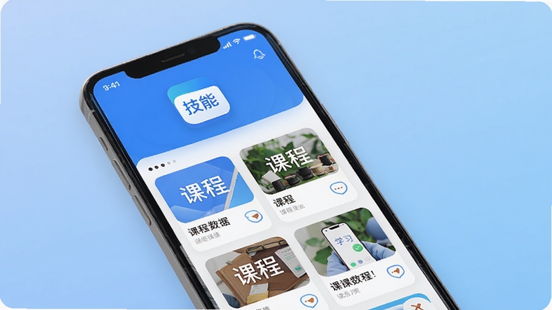 技能通手机应用界面展示,课程分类列表清晰排列,蓝白色调,扁平化设计风格,现代移动端UI,明亮简洁的学习场景,屏幕中显示技能通应用图标与课程卡片,背景为柔和渐变蓝色,高清细节,适合应用商店展示图