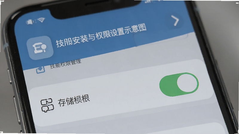 技能通应用安装与权限设置示意图,手机屏幕显示权限管理界面,存储权限开关处于开启状态,界面简洁清晰,蓝灰色调,扁平化图标风格,突出移动端应用设置场景,高清细节