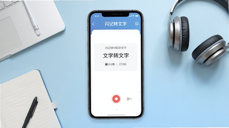 闪记转文字软件主界面展示,画面中央为手机屏幕,屏幕内显示简洁的录音转文字操作界面,顶部有闪记转文字名称标识,背景为浅蓝色渐变办公桌面环境,周围点缀笔记本与耳机元素,整体风格清爽现代,适配Boogu模型生成