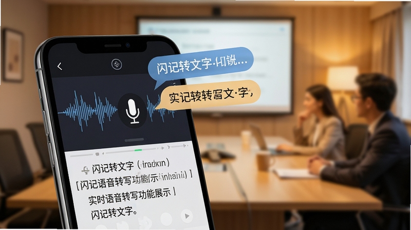 闪记转文字实时语音转写功能展示,画面主体为手机屏幕特写,屏幕中录音波形与文字同步呈现,文字气泡从麦克风图标处飘出,背景为柔和暖色调会议室场景,细节突出转录即时性,画面含闪记转文字字样