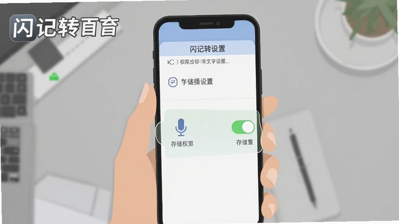 闪记转文字移动端操作步骤示意图,画面为手持手机展示权限设置界面,屏幕中高亮麦克风与存储权限开关,背景为简洁灰色桌面,风格扁平化教学图示,画面含闪记转文字标识