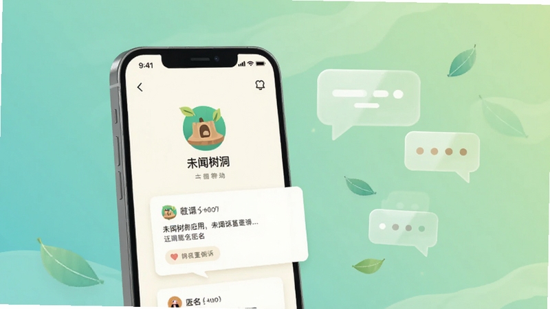 整体画面采用柔和的青绿色渐变背景,画面中央偏左位置放置一部竖屏手机,屏幕内展示未闻树洞应用的主界面,界面中有树洞图标与匿名倾诉卡片,画面右侧漂浮着几个半透明的对话气泡与树叶元素,整体风格温暖治愈,扁平插画质感,光线柔和,构图干净,适合软件下载站展示使用