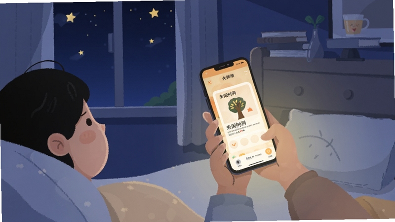 未闻树洞移动端使用场景插画,画面描绘夜晚卧室的一角,一个人靠在床头拿着手机,手机屏幕发出柔和的光,屏幕中隐约可见未闻树洞的树洞界面,窗外有星星,整体色调偏深蓝与暖黄对比,氛围安静放松,扁平插画风格,细节丰富