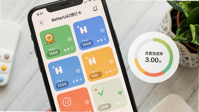 BetterUs 习惯打卡界面特写,手机屏幕显示多个彩色习惯卡片与连续打卡天数徽章,画面右侧悬浮一个简约的月度完成率环形图,背景为浅灰白桌面与绿植一角,整体色调温暖明亮