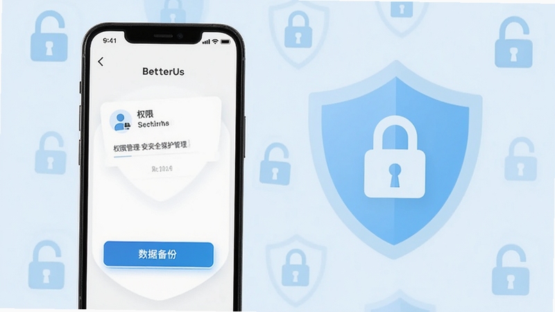 BetterUs 安全使用示意画面,手机屏幕显示权限管理界面与数据备份按钮,背景为浅蓝色盾牌图标与锁形符号组成的简约底纹,画面干净整洁,突出安全与隐私保护主题