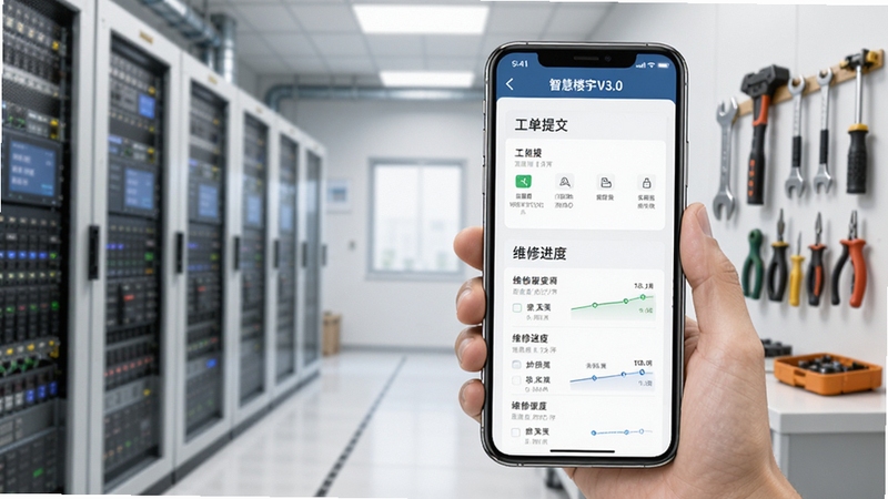 智慧楼宇V3.0设备报修功能界面,手机屏幕显示工单提交页面与维修进度列表,背景为楼宇设备机房与维修工具,画面清晰明亮,体现高效协同的办公场景