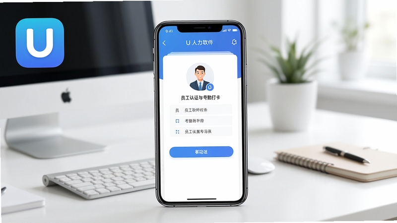 U人力软件主界面全貌展示,画面中央为手机屏幕内呈现员工认证与考勤打卡功能入口,背景为简洁明亮的办公桌场景,左上角放置U人力应用图标,整体色调清爽商务,适配Boogu模型生成