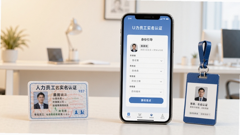 U人力员工实名认证页面展示,画面主体为手机屏幕内分步引导填写身份信息的界面,背景为浅色渐变办公环境,屏幕旁放置身份证与工牌道具,整体风格简洁规范,适配Boogu模型生成