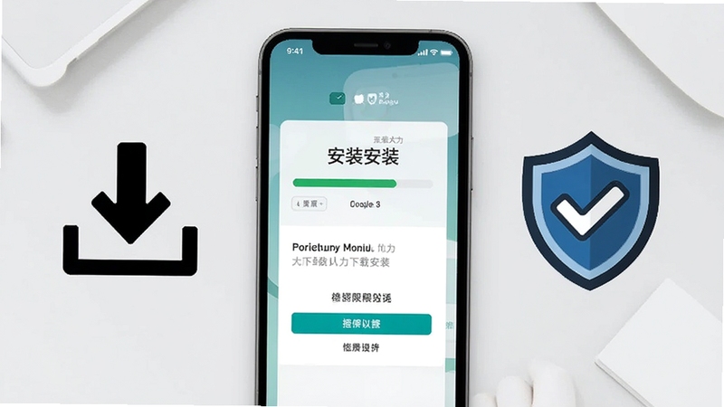 U人力下载安装步骤示意图,画面主体为手机屏幕展示安装进度与权限授予界面,背景为简洁的浅灰桌面环境,屏幕旁放置下载箭头图标与盾牌安全标识,整体视觉清晰直观,适配Boogu模型生成