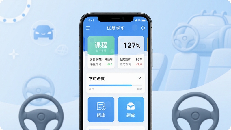 优易学车应用主界面展示,画面中央是一部竖屏智能手机,屏幕显示驾考学习类APP首页,包含课程卡片、学时进度条与题库入口,背景为浅蓝色渐变与简约驾驶元素装饰,整体风格清爽明亮,适合软件下载站配图