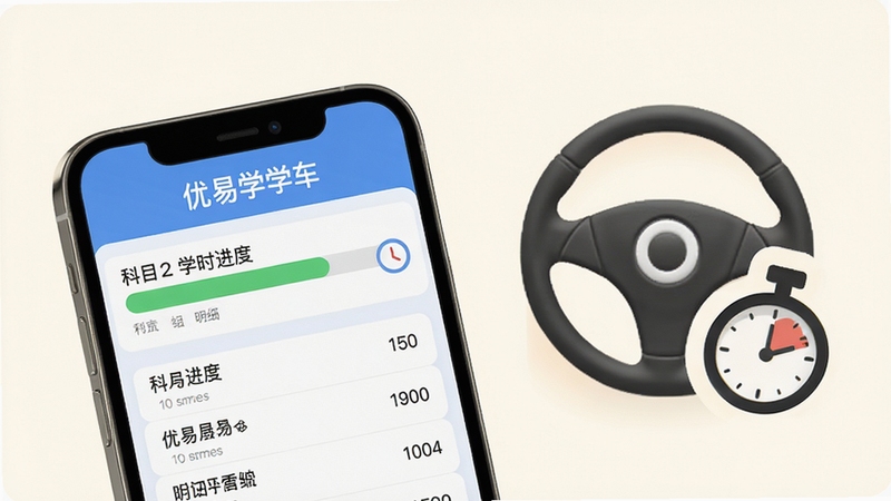 优易学车学时查询功能界面,手机屏幕特写展示科目二学时进度条与明细列表,旁边配有方向盘和计时器图标,背景为柔和米白色,突出数据清晰易读的视觉感受