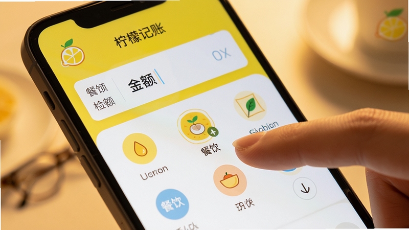 柠檬记账快捷记账页面细节图,画面聚焦手机屏幕上的金额输入框与分类图标网格,手指轻触屏幕选择餐饮分类,背景为柔和暖色调,突出操作便捷感,画面中带有柠檬记账标识元素