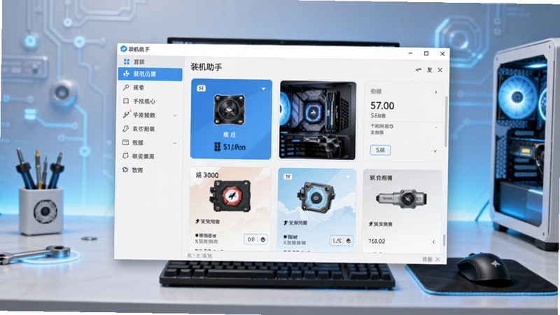 整体展示图吧装机助手软件界面全貌,画面中央为软件主窗口,左侧为功能导航栏,右侧为硬件信息卡片展示区,背景为简洁的浅色科技风格桌面环境,整体色调清爽明亮,突出软件工具属性与实用氛围