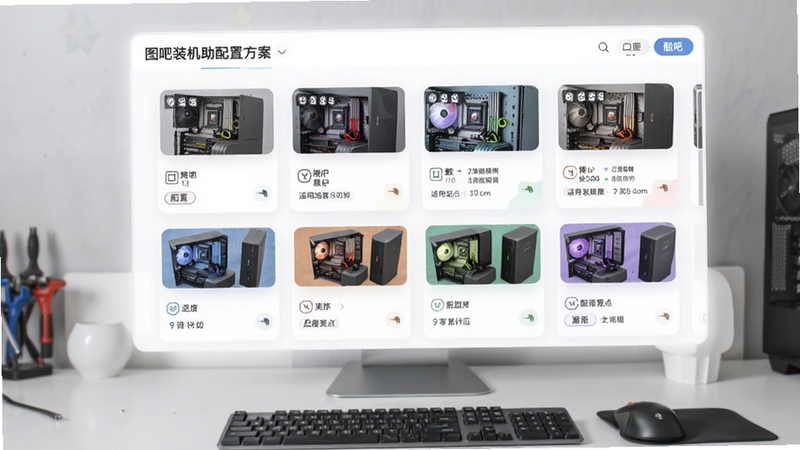 图吧装机助手配置方案页面展示,画面中呈现多组装机方案卡片整齐排列,每张卡片标注适用场景与配置要点,界面配色柔和,背景为浅灰色桌面环境,整体呈现专业且亲和的工具软件氛围
