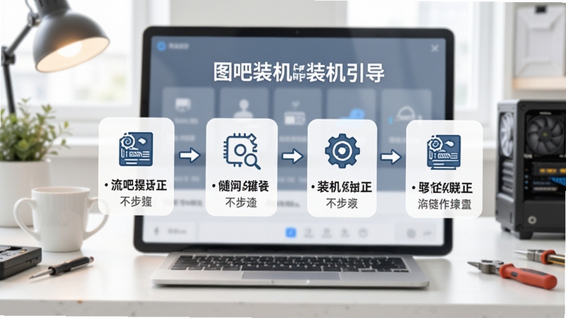 图吧装机助手装机引导界面示意图,画面展示分步骤操作流程图,每一步配有简洁图标与文字说明,背景为明亮的工作台场景,整体风格清晰有序,体现引导式操作的便捷感