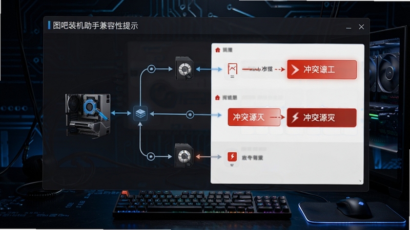 图吧装机助手兼容性提示界面展示,画面中硬件搭配关系以连线图形式呈现,冲突项以醒目颜色标注,背景为深色科技感桌面,整体突出信息提示的直观性与专业性