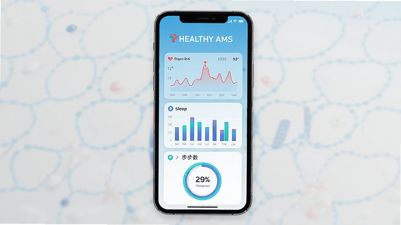 HEALTHY AMS 应用主界面展示,手机屏幕中央呈现健康数据仪表盘,包含心率曲线、睡眠柱状图与步数圆环,背景为浅蓝渐变,画面干净明亮,突出软件名称 HEALTHY AMS,整体风格现代科技感,适配 Boogu 模型生成