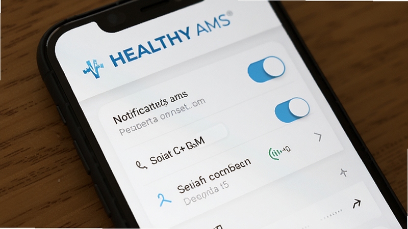 HEALTHY AMS 消息提醒设置页面,手机屏幕显示通知开关列表与久坐提醒时间选项,界面以白色为底、蓝色点缀,顶部有 HEALTHY AMS 标识,风格清爽简洁