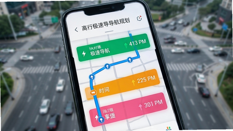 高行极速导航路线规划界面特写,手机屏幕显示三条不同颜色的备选路线与时间对比,背景是模糊的城市道路俯视图,画面明亮清晰,突出极速计算感