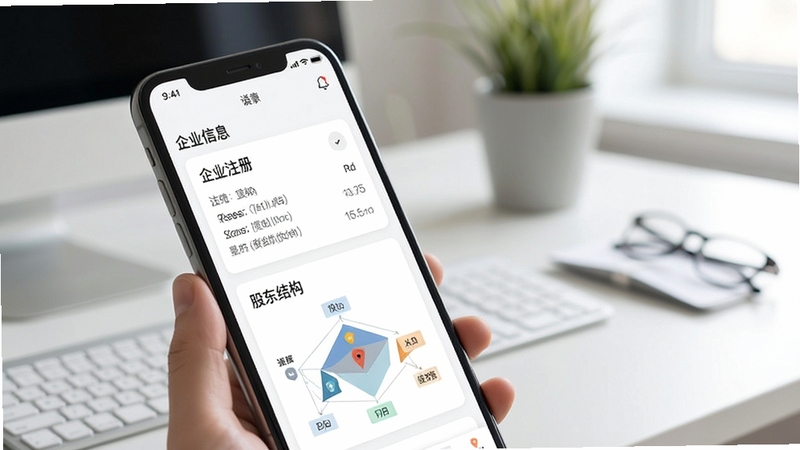 企业信息查询软件界面展示工商档案聚合视图,手机屏幕中呈现企业注册信息卡片与股东结构图表,背景为简洁的办公桌面环境,柔和自然光线,扁平化设计风格,突出数据清晰度与移动端操作便捷性